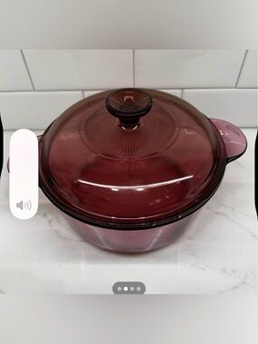 Vintage Corning Visions Cranberry Dutch Oven with two matching Pyrex lids 1.5L